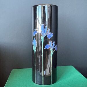 Vintage Otagiri Blue Iris Vase Made in Japan 7” Glossy Black w gold accent